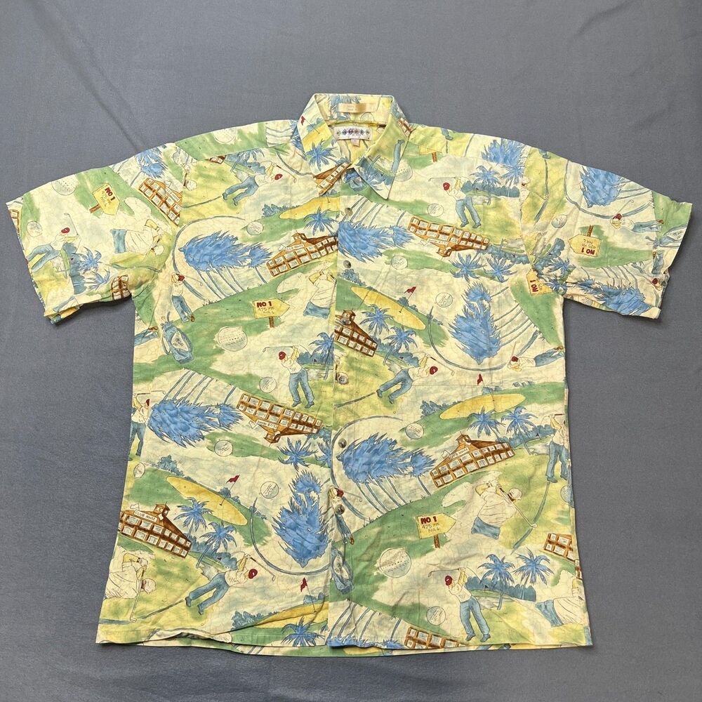 Campia Moda Hawaiian Shirt Men Medium Light Green Golf Club HousePrint Button-Up